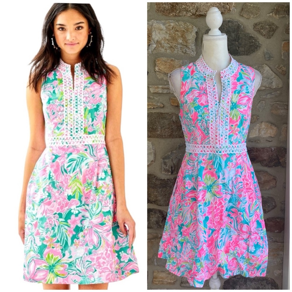 Lilly Pulitzer Pink Green Floral Lace-Trim Mini Dress